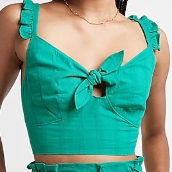 Express Tops - Express Green Striped Ruffle Tie Front Cropped Tank SZ XL